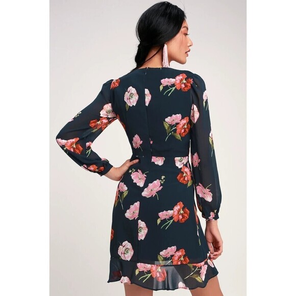 LULUS In Full Bloom Navy Blue Floral Print Long Sleeve Mini Dress Size Small - Picture 2 of 11